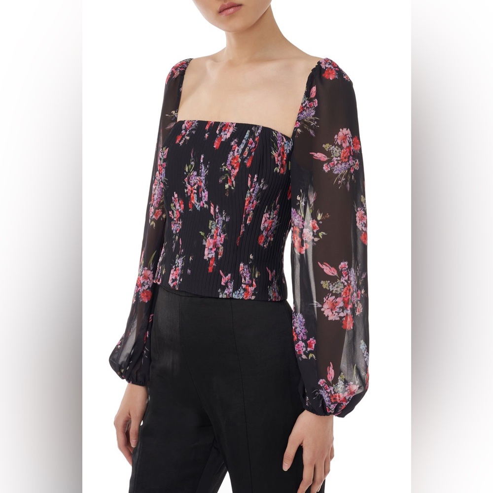 AMUR Black Floral Blouse with Sheer Sleeves Medium - Picture 3 of 7